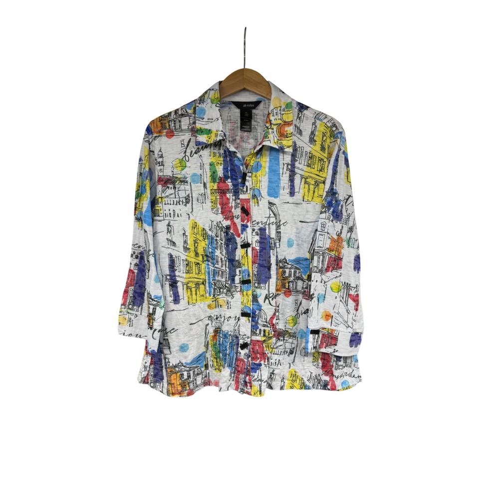 Ali Miles Womens PL Petite L European Travel Print Button Up Eclectic Art